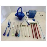 Cobalt blue creamer, basket, ornaments, swizzles