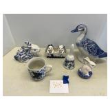 Blue and white dishes, figurines, bells