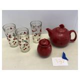 Cherry glasses, teapot, sugar bowl