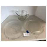 Large glass meas cup, glass trays