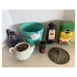 Sundial, water can, planters, etc