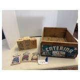Grape crate, tea boxes, plaques