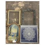 Antique picture, frames, framed doily