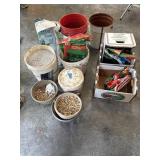 buckets, boxes, kitty litter, ice melt