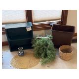 Trash can, wicker shelf, vase, baskets