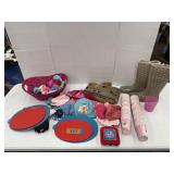 Rubber boots, socks, purse, cups, cutting boards
