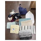 Towels, hamper, gloves, rug, etc