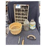 Pepsi crate, jars, sad iron handle, etc