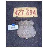 Rt 66 plaque, 1953 license plate