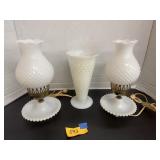 White milk glass hobnail vase, lamps