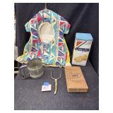 Cracker tin, sifter, cheese cutter, cigar box, etc