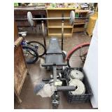 Weight bench; bar bells, etc
