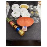 Melmac, shakers, glass serving fork