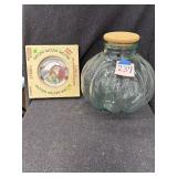 Glass jar, Corelle plate