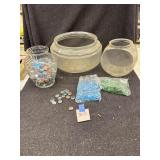 Fish bowls, vase, glass beads
