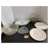 Pyrex casserole, hobnail basket, dishes