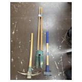 Post hole digger, sledge, pick axe