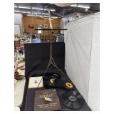 Records, music stand and cassettes