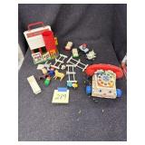 Toy barn, Fisher Price cars, phone, etc