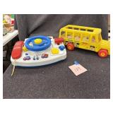 Steering wheel toy and Fisher Price bus