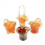 Carnival Glass: Baskets & Hat 4-Pc Lot
