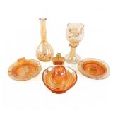 Carnival Glass Ashtrays & Bottles: 6-Pc Lot