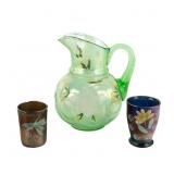 Carnival Glass Enameled: 3-Pc Lot