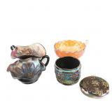Carnival Glass Nappies & Jar: 4-Pc Lot