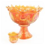 Carnival Glass N' wood Peacocks Fountain 3pc Punch