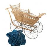 Antique Victorian Wicker Baby Carriage W/Parasol