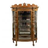 Antique Tiger Oak Curved Glass China Cabinet