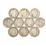 8 Barber & 2 Walking Liberty Silver Half Dollars
