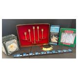 Napkin Holder, Brass Colored Candle Sticks,