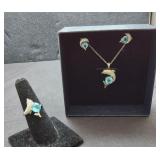 Sterling Silver & Aqua Marine Necklace, Ring & Ear