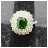 Sterling Silver & Emerald & CZ Ring Size 8