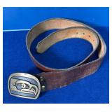 Leather belt with Seattle Sea Hawks bronze buckle