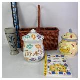 Wicker Basket, 2 Cookie Jars, Vase