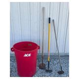Plastic Garbage Can and 3 Hoes