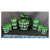 Green Glass Pitcher and 6 Glasses