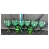 Green w/gold rim Wine Glasses & 2 small Vases