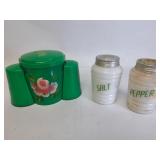 Plastic Green Canister Set & Milk Glass S & P