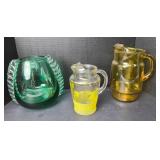 Green Applied Glass Vase & 2-Pitchers