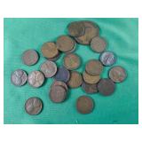24-Wheat Pennies, 1-1944 Large penny & 1-Mercury