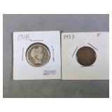1908 Silver Quarter & 1933 Penny