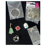 Large Hoop Earrings, Jade colored Pin, Red Cross