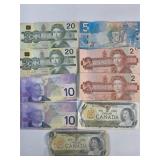 Canadian Currency (2-$1, 2-$2, 1-$5, 2-$10 & 2-$20