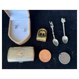 Eye Glasses & Case, Suveniour Spoons, Tokens +