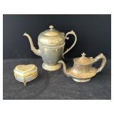 2 Silver Plated Tea Pots & Music Box