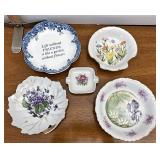 floral glass, assorted plates, and bowls