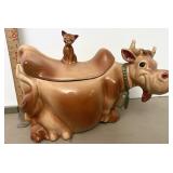 Brush pottery cow cookie jar horn has been